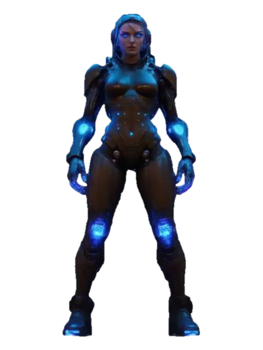 3D model for Cyberpunk Female Operative: A highly detailed cyberpunk woman with sleek cybernetic implants, neon-lit facial augments, and a tactical bodysuit made of synthetic leather and carbon fiber. Her glowing blue eyes scan the cityscape, while a holographic interface projects from her gauntlet. Metallic circuitry weaves through her exposed biomechanical limbs, blending gritty realism with futuristic design.