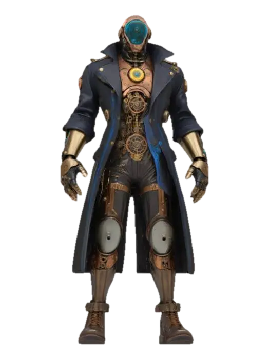 3D model for {
  "prompt": "A highly detailed steampunk cyborg bounty hunter, humanoid with exposed brass and copper mechanical parts, intricate clockwork gears on shoulders and back, wearing a dark leather trench coat with glowing blue circuit lines, monocle with a targeting reticle over one eye, mechanical arm with clawed fingers, rugged boots with pneumatic joints, standing in a confident pose with a smirk, realistic textures for metal, leather, and synthetic skin",
  "format": "glb",
  "polycount": "high"
}
