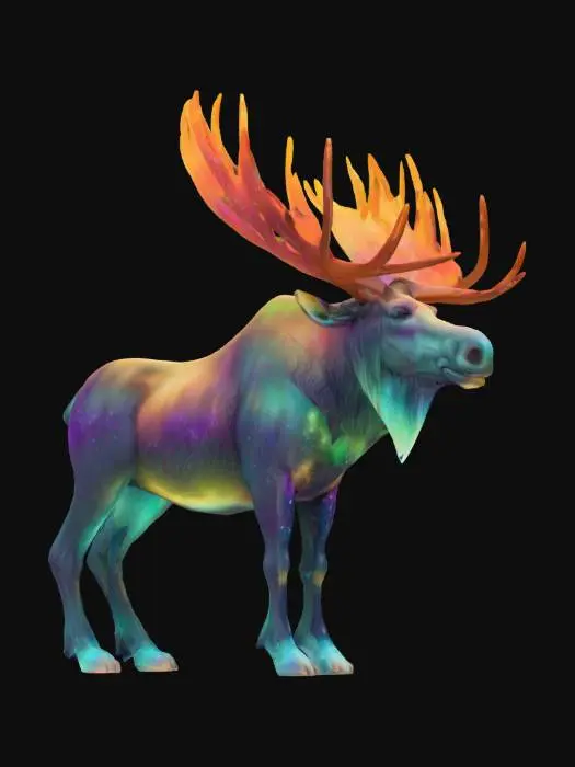 3D model for [Canada]
Object: Aurora Moose Titan
Material: Living stardust, glowing ice, ethereal mist
Shape/Form: Giant moose-like creature with massive luminous antlers stretching like northern lights
Color Scheme: Deep cosmic purples, greens, and blues with soft white highlights
Texture Details: Wispy mist textures, shimmering particle antlers, smooth icy hooves
Style: Mythical cosmic realism
Environment/Use Context (optional): Roaming across frozen tundras under shifting auroras
Reference Models (optional): Inspired by cosmic giants and Canadian wildlife myths #AroundTheWorld#