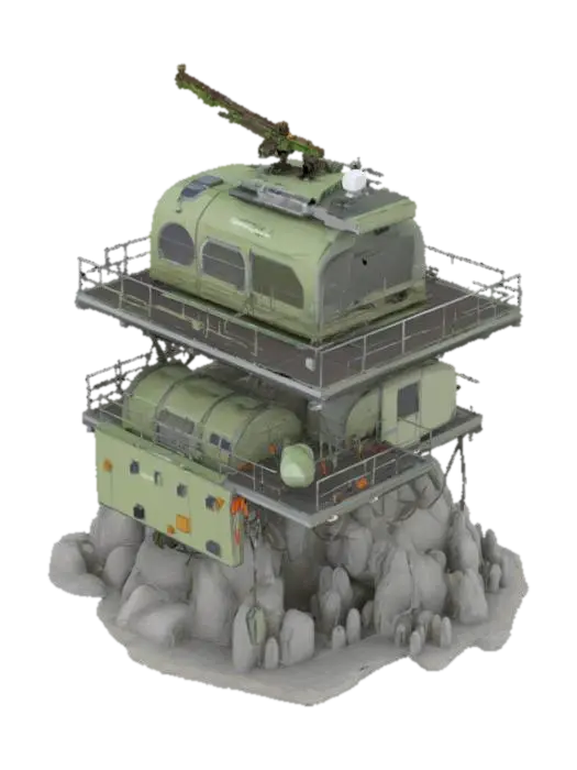 3D model for {
  "Object": "Silent Fang Roost – Arctic Cliffside Recon Encampment",
  "Material": "Carbon-reinforced scaffold, retractable nano-fabric tarps, wind-turbine generators",
  "Shape/Form": "Perched platform with modular tiers, sniper perch, and rope access ladders; semi-enclosed sleeping pods",
  "Color Scheme": "Storm-gray, deep green accents, red tactical markings",
  "Texture Details": "Tarp flapping textures, frostbitten metal, mesh netting, iced railings",
  "Style": "Survivalist guerrilla roost with sniper operations",
  "Environment/Use Context": "Built into sheer cliffs overlooking frozen valleys",
  "Reference Models": "Blends climbing camps, falcon roosts, and cold-weather military observation towers",
  "Polycount": "high-poly"
}, #AroundTheWorld#, 
