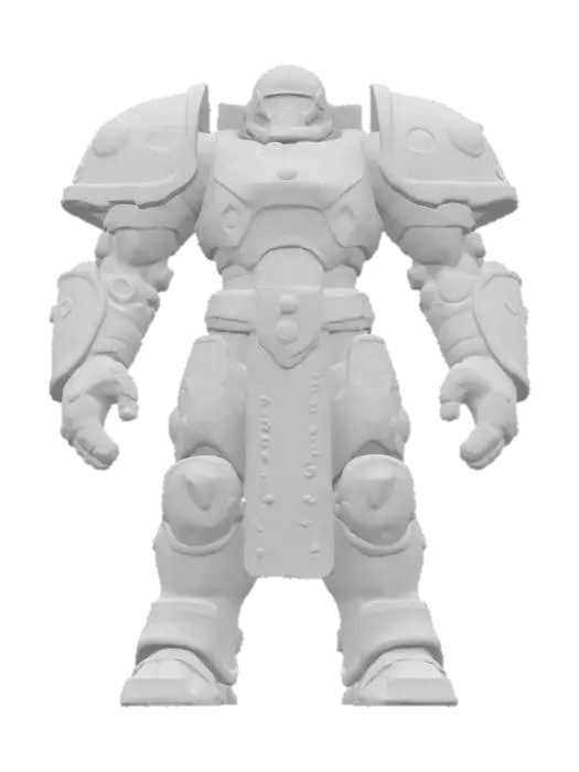 3D model for Object: Heavy Assault Guardian — “DOMEK, The Bastion Butcher”

Material: Concrete-reinforced body armor, embedded scrap car hoods, energy-dampening ceramic plates, high-vis hazard paint

Shape/Form: Massive, square silhouette; slab shoulders like highway dividers; steel jaw mask; both fists are magnetic pile-drivers; chained-down riot tower on his back

Color Scheme: Construction yellow and cracked asphalt gray; glowing orange hazard lines; big bold inked edges and weathering strokes

Texture Details: Fractured cement texture on forearms, dirt-smeared chest plate, glowing cracks along impact points

Style: Cartoon (hyperbolic cel-shading with industrial mech detailing)
Reference Models: Roadhog + Reinhardt + Blastoise (yeah, really)