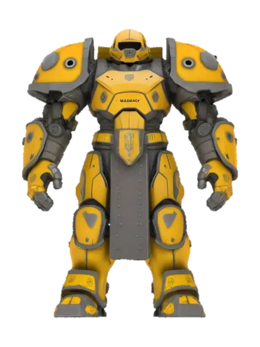 3D model for Object: Heavy Assault Guardian — “DOMEK, The Bastion Butcher”

Material: Concrete-reinforced body armor, embedded scrap car hoods, energy-dampening ceramic plates, high-vis hazard paint

Shape/Form: Massive, square silhouette; slab shoulders like highway dividers; steel jaw mask; both fists are magnetic pile-drivers; chained-down riot tower on his back

Color Scheme: Construction yellow and cracked asphalt gray; glowing orange hazard lines; big bold inked edges and weathering strokes

Texture Details: Fractured cement texture on forearms, dirt-smeared chest plate, glowing cracks along impact points

Style: Cartoon (hyperbolic cel-shading with industrial mech detailing)
Reference Models: Roadhog + Reinhardt + Blastoise (yeah, really)