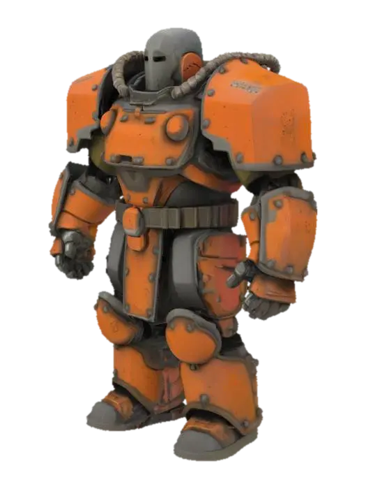 3D model for Object: Heavy Assault Guardian — “DOMEK, The Bastion Butcher”

Material: Concrete-reinforced body armor, embedded scrap car hoods, energy-dampening ceramic plates, high-vis hazard paint

Shape/Form: Massive, square silhouette; slab shoulders like highway dividers; steel jaw mask; both fists are magnetic pile-drivers; chained-down riot tower on his back

Color Scheme: Construction yellow and cracked asphalt gray; glowing orange hazard lines; big bold inked edges and weathering strokes

Texture Details: Fractured cement texture on forearms, dirt-smeared chest plate, glowing cracks along impact points

Style: Cartoon (hyperbolic cel-shading with industrial mech detailing)
Reference Models: Roadhog + Reinhardt + Blastoise (yeah, really)