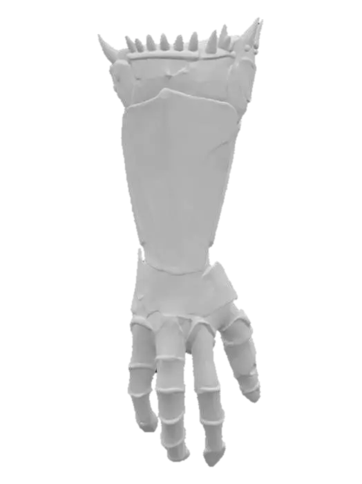 3D model for Object: A biomechanical gauntlet weapon
Material: Brushed steel with organic alien resin
Shape/Form: Anatomical with segmented plates and protruding spikes
Color Scheme: Dark gunmetal with iridescent green veins
Texture Details: Smooth metallic sections interlaced with rough, organic patterns
Style: Stylized with dark fantasy and sci-fi elements
Environment/Use Context: Worn by a cybernetic warrior in a post-apocalyptic setting
Reference Models: Inspired by the design of the Doom Slayer gauntlet and H.R. Giger’s biomechanical art