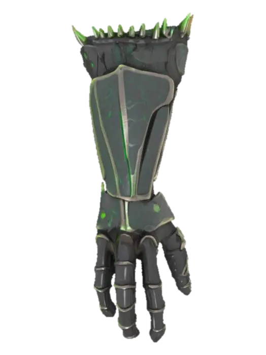 3D model for Object: A biomechanical gauntlet weapon
Material: Brushed steel with organic alien resin
Shape/Form: Anatomical with segmented plates and protruding spikes
Color Scheme: Dark gunmetal with iridescent green veins
Texture Details: Smooth metallic sections interlaced with rough, organic patterns
Style: Stylized with dark fantasy and sci-fi elements
Environment/Use Context: Worn by a cybernetic warrior in a post-apocalyptic setting
Reference Models: Inspired by the design of the Doom Slayer gauntlet and H.R. Giger’s biomechanical art