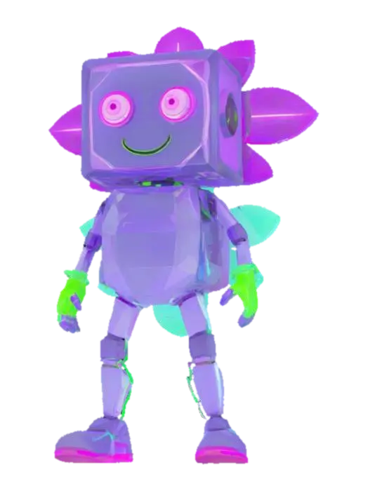 friendly mascot character, low-poly cube body, semi-transparent faces, lime-green neon… - Led 3D model, vytvořený pomocí AI