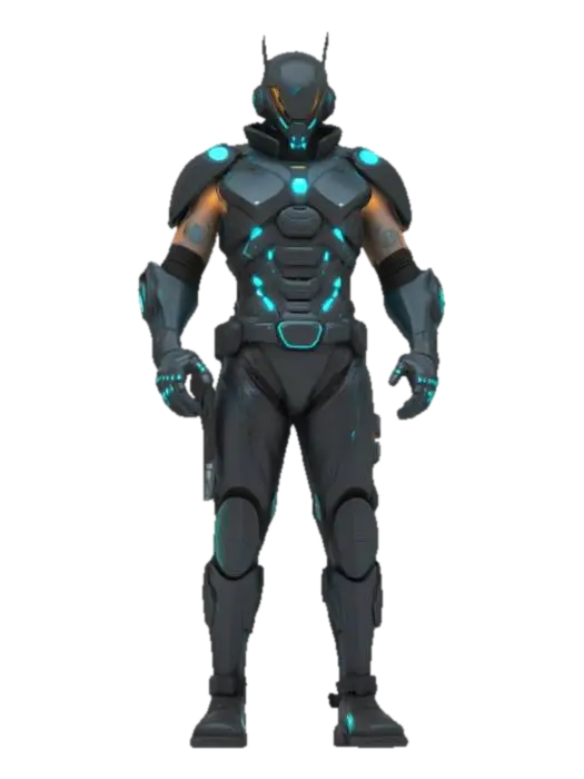Object: Cyberpunk character with futuristic armor and tech enhancements. Material:… - Led 3D model, vytvořený pomocí AI