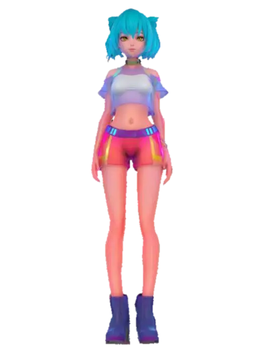 3D model for “girl” Material: skin Shape/Form: Slim, dynamic exposed skin with angular shoulder Color Scheme: Neon magenta base with cyan gradients, white luminous trims, yellow energy runes; spark-style anime highlights Texture Details: Shimmering soft plastic with glowing ink lines, smooth fabric surfaces with motion blur gloss, stylized specular reflections Style: Anime (2.5D cel-anime shading with cyber-magical vibe) Reference Models: Inspired by Hatsune Miku x D.Va x Kill la Kill’s