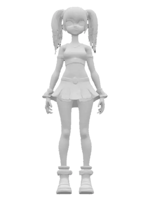 3D model for “girl” Material: skin Shape/Form: Slim, dynamic exposed skin with angular shoulder Color Scheme: Neon magenta base with cyan gradients, white luminous trims, yellow energy runes; spark-style anime highlights Texture Details: Shimmering soft plastic with glowing ink lines, smooth fabric surfaces with motion blur gloss, stylized specular reflections Style: Anime (2.5D cel-anime shading with cyber-magical vibe) Reference Models: Inspired by Hatsune Miku x D.Va x Kill la Kill’s