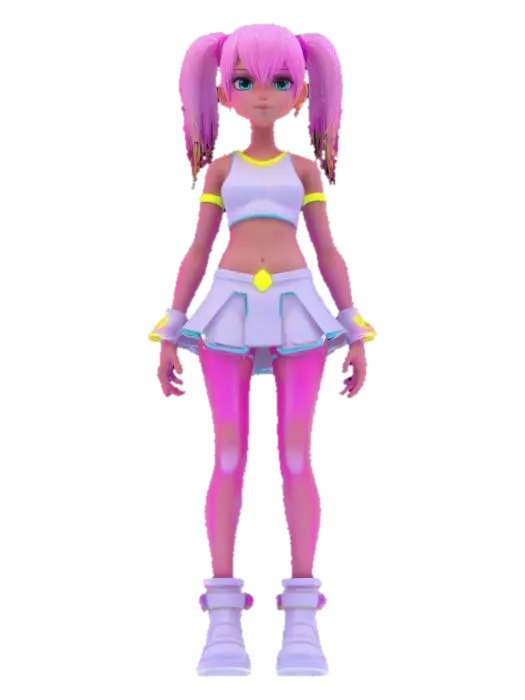 3D model for “girl” Material: skin Shape/Form: Slim, dynamic exposed skin with angular shoulder Color Scheme: Neon magenta base with cyan gradients, white luminous trims, yellow energy runes; spark-style anime highlights Texture Details: Shimmering soft plastic with glowing ink lines, smooth fabric surfaces with motion blur gloss, stylized specular reflections Style: Anime (2.5D cel-anime shading with cyber-magical vibe) Reference Models: Inspired by Hatsune Miku x D.Va x Kill la Kill’s