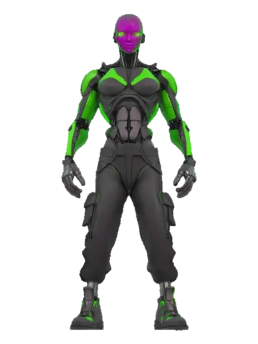 3D model for Object: NotPetya virus represented as a humanoid hacker avatar
Material: Synthetic leather, chrome metal, neon plastic
Shape/Form: Slim humanoid with angular robotic limbs and cybernetic implants
Color Scheme: Black base with neon green highlights and glitchy magenta effects
Texture Details: Glossy skin plates, circuit-etched surfaces, flickering digital tattoos
Style: Cartoon cyberpunk
Environment/Use Context: Standing in a virtual server room with glowing code streams
Reference Models: Inspired by characters from *Cyberpunk: Edgerunners* and *Watch Dogs* aesthetics
