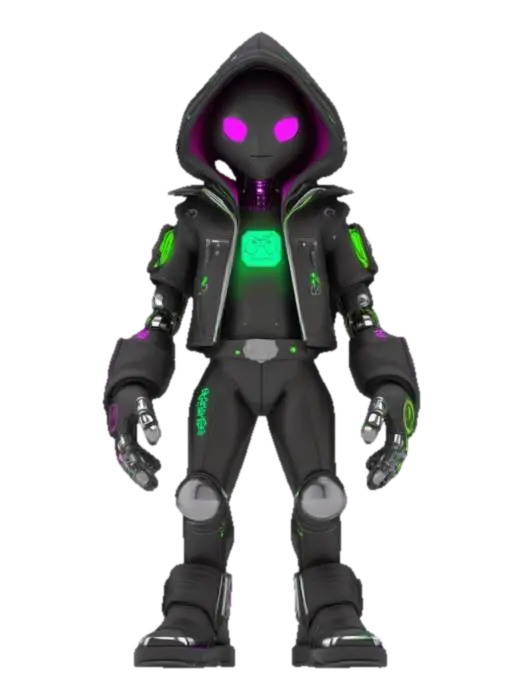 3D model for Object: NotPetya virus represented as a humanoid hacker avatar
Material: Synthetic leather, chrome metal, neon plastic
Shape/Form: Slim humanoid with angular robotic limbs and cybernetic implants
Color Scheme: Black base with neon green highlights and glitchy magenta effects
Texture Details: Glossy skin plates, circuit-etched surfaces, flickering digital tattoos
Style: Cartoon cyberpunk
Environment/Use Context: Standing in a virtual server room with glowing code streams
Reference Models: Inspired by characters from *Cyberpunk: Edgerunners* and *Watch Dogs* aesthetics
