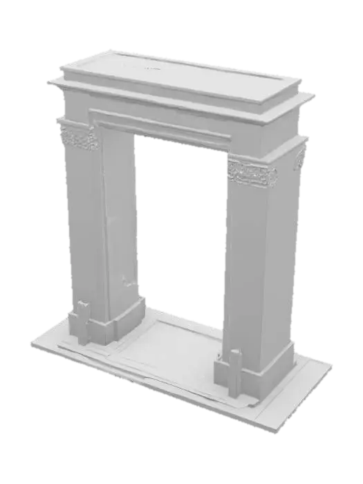 3D model for Subject: A commemorative memorial arch, honoring the One Year War casualties; Style: Monumental neoclassic-industrial fusion with Gundam-era motifs; Material: Polished white duralumin and reflective black obsidian inlays; Details: 40 m tall triple-span arch with central keystone carved in relief of RX-78 silhouette, flanked by bronze bas-relief panels depicting iconic battle scenes, engraved names of fallen soldiers in stylized Earth Federation font, integrated triumphal LED uplighting, laser-etched geoflux energy circuits, warm underlighting, carved solar motifs, basalt mosaic foundation, and ornamental pilasters with optic-fiber filament; Purpose: Monumental memorial landmark for diorama and game environments, evoking solemn reverence., #arch#