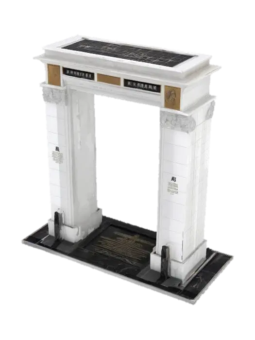 3D model for Subject: A commemorative memorial arch, honoring the One Year War casualties; Style: Monumental neoclassic-industrial fusion with Gundam-era motifs; Material: Polished white duralumin and reflective black obsidian inlays; Details: 40 m tall triple-span arch with central keystone carved in relief of RX-78 silhouette, flanked by bronze bas-relief panels depicting iconic battle scenes, engraved names of fallen soldiers in stylized Earth Federation font, integrated triumphal LED uplighting, laser-etched geoflux energy circuits, warm underlighting, carved solar motifs, basalt mosaic foundation, and ornamental pilasters with optic-fiber filament; Purpose: Monumental memorial landmark for diorama and game environments, evoking solemn reverence., #arch#