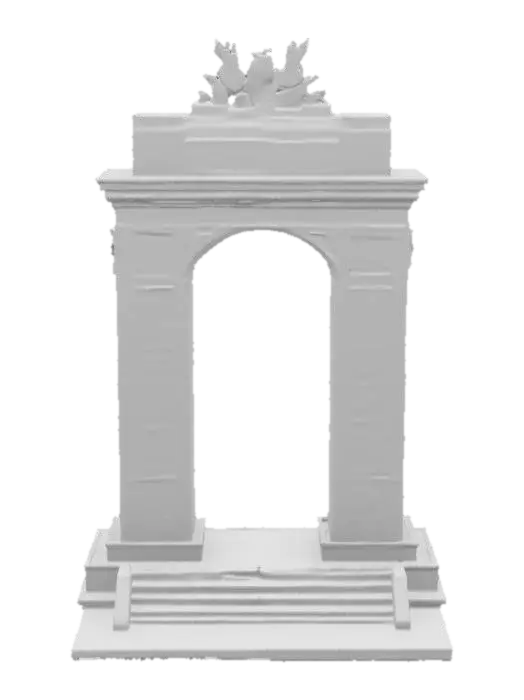 3D model for Subject: A commemorative memorial arch, honoring the One Year War casualties; Style: Monumental neoclassic-industrial fusion with Gundam-era motifs; Material: Polished white duralumin and reflective black obsidian inlays; Details: 40 m tall triple-span arch with central keystone carved in relief of RX-78 silhouette, flanked by bronze bas-relief panels depicting iconic battle scenes, engraved names of fallen soldiers in stylized Earth Federation font, integrated triumphal LED uplighting, laser-etched geoflux energy circuits, warm underlighting, carved solar motifs, basalt mosaic foundation, and ornamental pilasters with optic-fiber filament; Purpose: Monumental memorial landmark for diorama and game environments, evoking solemn reverence., #arch#