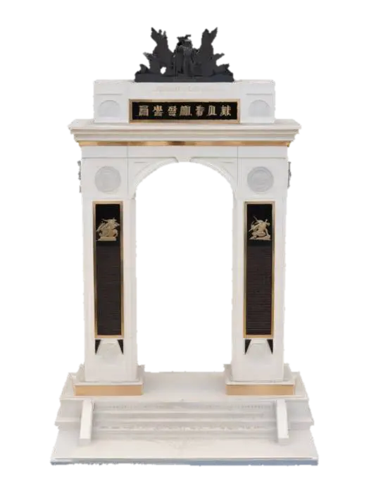 3D model for Subject: A commemorative memorial arch, honoring the One Year War casualties; Style: Monumental neoclassic-industrial fusion with Gundam-era motifs; Material: Polished white duralumin and reflective black obsidian inlays; Details: 40 m tall triple-span arch with central keystone carved in relief of RX-78 silhouette, flanked by bronze bas-relief panels depicting iconic battle scenes, engraved names of fallen soldiers in stylized Earth Federation font, integrated triumphal LED uplighting, laser-etched geoflux energy circuits, warm underlighting, carved solar motifs, basalt mosaic foundation, and ornamental pilasters with optic-fiber filament; Purpose: Monumental memorial landmark for diorama and game environments, evoking solemn reverence., #arch#