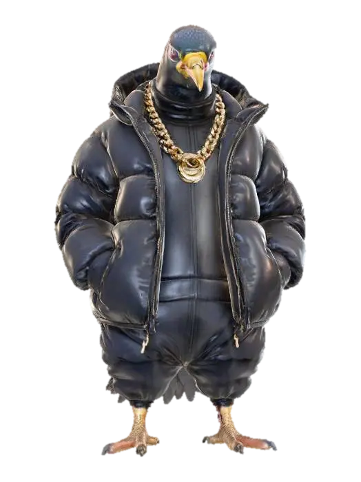 Tough-looking UK drill pigeon standing with a menacing posture, head slightly… - Gangster 3D model, vytvořený pomocí AI