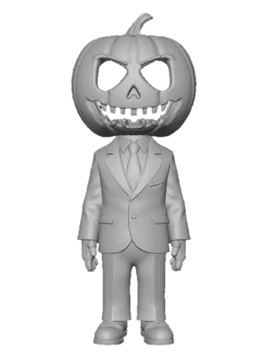 3D model for object: Skeletal CPA with a candy-corn visor and pumpkin sin-scale  
material: Bone, translucent candy, plastic, carved pumpkin  
shape_form: Upright skeleton in business attire; candy-corn visor over eyes; one hand holds a pumpkin-scale to weigh sins  
color_scheme: Bone white, candy orange/yellow/white, black suit, glowing pumpkin amber  
texture_details: Matte bone, glossy candy shell, stitched fabric, carved pumpkin with flickering light inside  
style: Stylized Cartoon  
environment_use_context: Halloween tax office or moral audit booth  
reference_models: Halloween skeletons, office workers, pumpkin props  
hooks: Coin/candy toggle, jaw clack animation
, #Halloween2025#