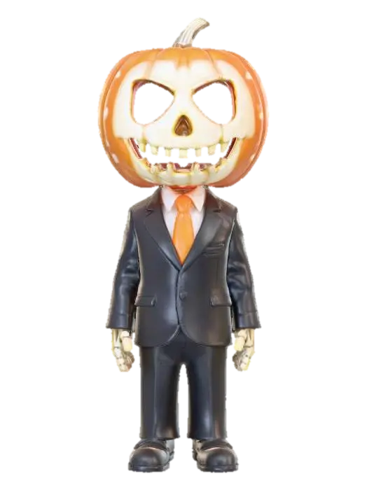 3D model for object: Skeletal CPA with a candy-corn visor and pumpkin sin-scale  
material: Bone, translucent candy, plastic, carved pumpkin  
shape_form: Upright skeleton in business attire; candy-corn visor over eyes; one hand holds a pumpkin-scale to weigh sins  
color_scheme: Bone white, candy orange/yellow/white, black suit, glowing pumpkin amber  
texture_details: Matte bone, glossy candy shell, stitched fabric, carved pumpkin with flickering light inside  
style: Stylized Cartoon  
environment_use_context: Halloween tax office or moral audit booth  
reference_models: Halloween skeletons, office workers, pumpkin props  
hooks: Coin/candy toggle, jaw clack animation
, #Halloween2025#