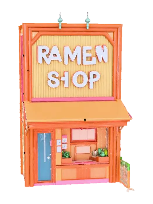 {"object":"comedic ramen shop building","material":"bamboo, plastic, neon signage,… - Comedy 3D model, vytvořený pomocí AI