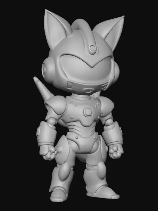 3D model for {"object":"chibi robo-cat samurai leader","material":"white plastic-ceramic plates over dark-gray inner frame, red lacquer panels, gold bell collar, clear visor, metal rivets, rubber gaskets","shape_form":"2.5-head chibi; V-fin cat-ear helmet; boxy chest core with intake vents; layered shoulders with vernier pods; segmented forearms with emitters; blocky knee greaves; backpack twin thrusters+spine rail; right-hip scabbard (short energy-katana); claw gloves; ankle verniers; pizza medallion+chest badge","color_scheme":"white base, red panels, gold hardware, black inner-frame, teal vents, cyan visor, pizza yellow/red","texture_details":"dense panel lines, hard 2-step cel shadows, glossy armor, matte joints, caution micro-decals, toon edge highlights, no grime","style":"1990s anime cel