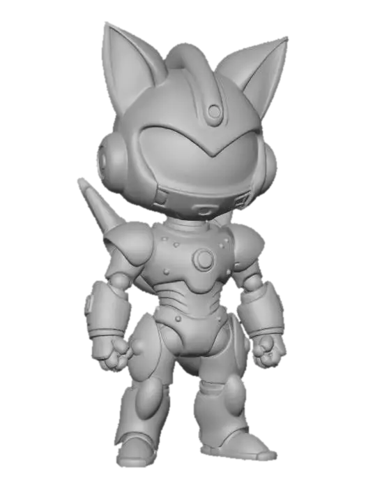 3D model for {"object":"chibi robo-cat samurai leader","material":"white plastic-ceramic plates over dark-gray inner frame, red lacquer panels, gold bell collar, clear visor, metal rivets, rubber gaskets","shape_form":"2.5-head chibi; V-fin cat-ear helmet; boxy chest core with intake vents; layered shoulders with vernier pods; segmented forearms with emitters; blocky knee greaves; backpack twin thrusters+spine rail; right-hip scabbard (short energy-katana); claw gloves; ankle verniers; pizza medallion+chest badge","color_scheme":"white base, red panels, gold hardware, black inner-frame, teal vents, cyan visor, pizza yellow/red","texture_details":"dense panel lines, hard 2-step cel shadows, glossy armor, matte joints, caution micro-decals, toon edge highlights, no grime","style":"1990s anime cel