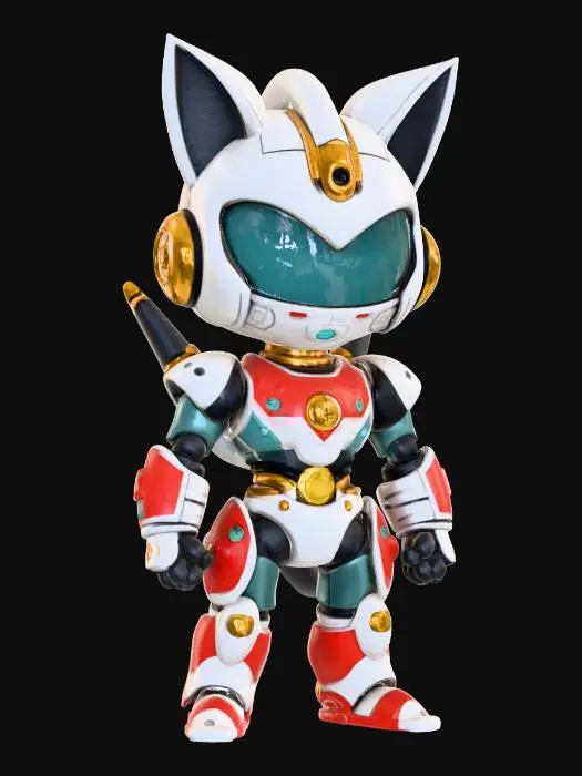 3D model for {"object":"chibi robo-cat samurai leader","material":"white plastic-ceramic plates over dark-gray inner frame, red lacquer panels, gold bell collar, clear visor, metal rivets, rubber gaskets","shape_form":"2.5-head chibi; V-fin cat-ear helmet; boxy chest core with intake vents; layered shoulders with vernier pods; segmented forearms with emitters; blocky knee greaves; backpack twin thrusters+spine rail; right-hip scabbard (short energy-katana); claw gloves; ankle verniers; pizza medallion+chest badge","color_scheme":"white base, red panels, gold hardware, black inner-frame, teal vents, cyan visor, pizza yellow/red","texture_details":"dense panel lines, hard 2-step cel shadows, glossy armor, matte joints, caution micro-decals, toon edge highlights, no grime","style":"1990s anime cel