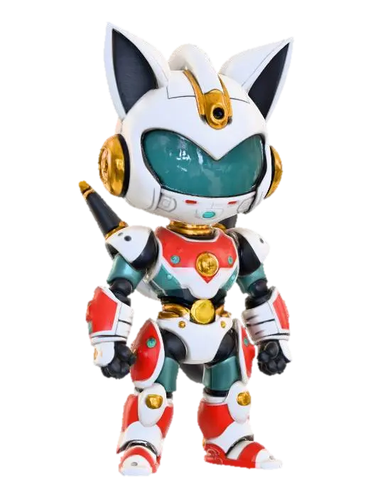 3D model for {"object":"chibi robo-cat samurai leader","material":"white plastic-ceramic plates over dark-gray inner frame, red lacquer panels, gold bell collar, clear visor, metal rivets, rubber gaskets","shape_form":"2.5-head chibi; V-fin cat-ear helmet; boxy chest core with intake vents; layered shoulders with vernier pods; segmented forearms with emitters; blocky knee greaves; backpack twin thrusters+spine rail; right-hip scabbard (short energy-katana); claw gloves; ankle verniers; pizza medallion+chest badge","color_scheme":"white base, red panels, gold hardware, black inner-frame, teal vents, cyan visor, pizza yellow/red","texture_details":"dense panel lines, hard 2-step cel shadows, glossy armor, matte joints, caution micro-decals, toon edge highlights, no grime","style":"1990s anime cel