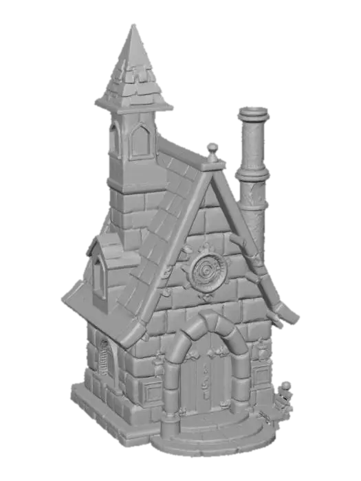 3D model for {"object":"Ork Krumpmas Chapel-Lodge","material":"stone, scrap metal, rusted steel, red fabric, glowing wires, chains, ammo belts, bottle caps","shape_form":"converted gothic chapel with armored walls, broken bell tower, bolted shutters, crooked chimney pipe, flapping banner and glowing glyph plate on roof","color_scheme":"stone gray, rust brown, Ork green, red cloth, glowing yellow and blue lights","texture_details":"dented shutters, stained stone, soot smears, flickering lamps, ammo garlands, welded glyphs, snow with burn marks","style":"Cartoon","environment_use_context":"Warhammer 40K Ork Krumpmas stronghold repurposed from Imperial chapel","reference_models":["Imperial Gothic architecture","Warhammer terrain","looted cathedral ruins","#Christmas2025#