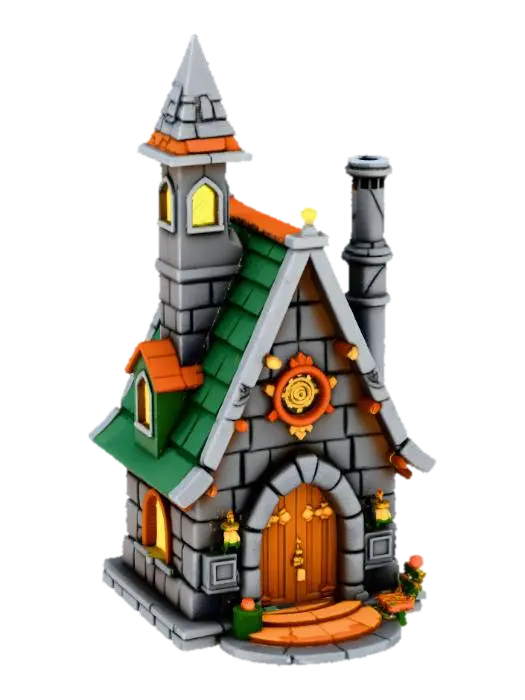 3D model for {"object":"Ork Krumpmas Chapel-Lodge","material":"stone, scrap metal, rusted steel, red fabric, glowing wires, chains, ammo belts, bottle caps","shape_form":"converted gothic chapel with armored walls, broken bell tower, bolted shutters, crooked chimney pipe, flapping banner and glowing glyph plate on roof","color_scheme":"stone gray, rust brown, Ork green, red cloth, glowing yellow and blue lights","texture_details":"dented shutters, stained stone, soot smears, flickering lamps, ammo garlands, welded glyphs, snow with burn marks","style":"Cartoon","environment_use_context":"Warhammer 40K Ork Krumpmas stronghold repurposed from Imperial chapel","reference_models":["Imperial Gothic architecture","Warhammer terrain","looted cathedral ruins","#Christmas2025#