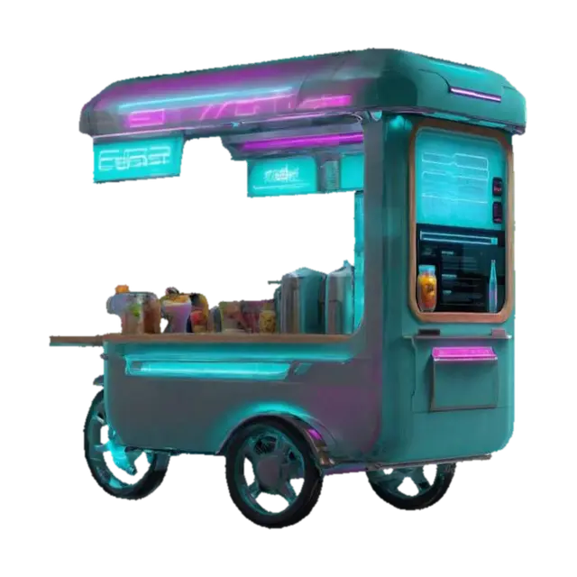 Subject: Futuristic food cart with a cyberpunk and Scandinavian minimalist… 3D model, vytvořený pomocí AI