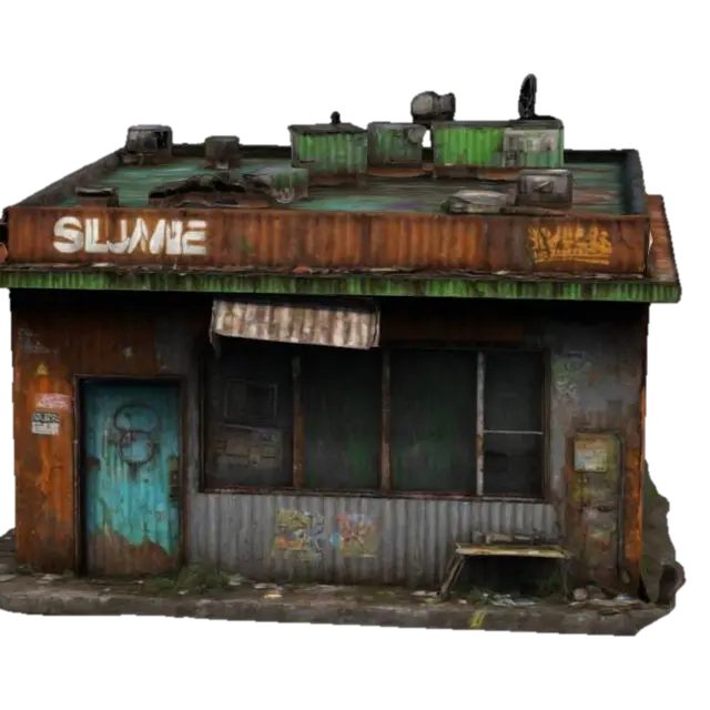 Subject: slum home, dystopian urban dwelling. Style: Realistic, urban decay,… 3D model, vytvořený pomocí AI