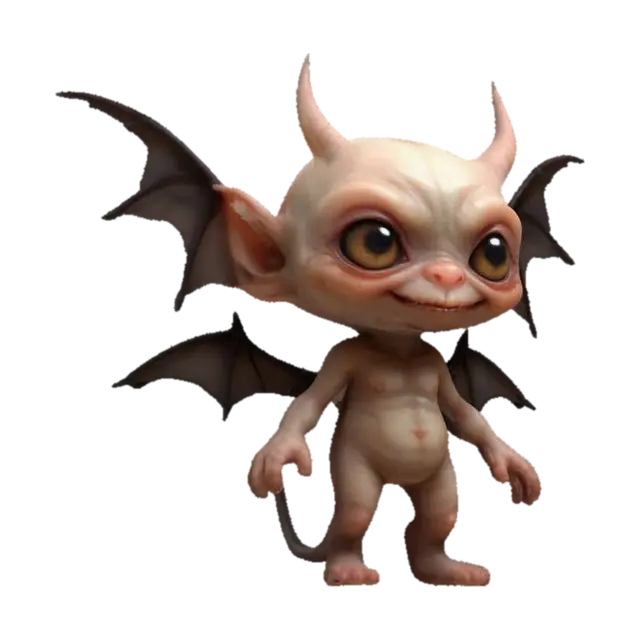 "A tiny, chibi-style imp with round, beady eyes and small bat-like wings. Its… - Mischievous 3D model, vytvořený pomocí AI