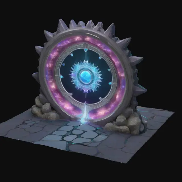 3D model for Portal Archway linking two worlds with dimensional transference gateway
Style: Ethereal cosmic-fantasy-meets-sleek sci-fi design with art nouveau curves and angular tech accents
Material: Crystal-infused obsidian framework, luminescent mythril conduits, holographic Aetheric panels
Details: Twin concentric arch rings (span 50 m) with shifting fractal patterns, central floating keystone orb, bioluminescent filament veins, engraved arcane glyph circuits, micro-thruster stabilizers, suspended anti-gravity pylons, reflective mirror plating, subtle particle mist emitters and dynamic color-shifting luminescence ribbons, nano-sculpted runic filigree along edges
Purpose: Iconic world-bridge landmark optimized for PBR visualization in game cinematics and VR explorations and gallery showcase, #arch#