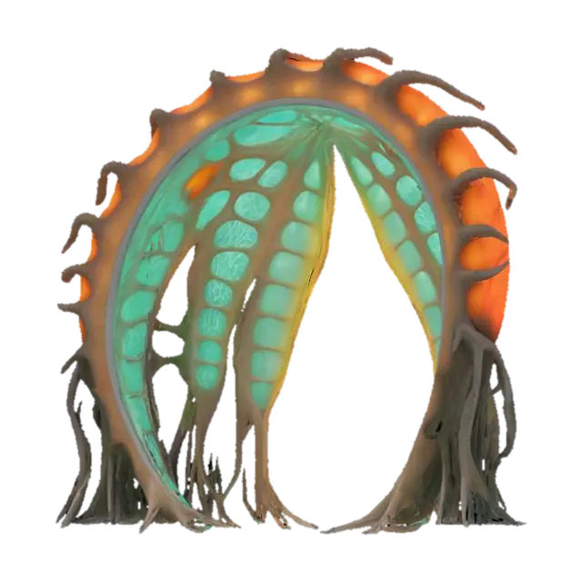 3D model for Object: Colossal bio-architectural archway organism
Material: Bioengineered chitin exoskeleton, mycelium-reinforced cores, photosynthetic glass membranes, vascular hydrogel veins
Shape/Form: 300-meter parabolic span with branching root-like pylons, ribbed vertebrae segments, dorsal respiration vents, tail-cantilever shading pods
Color Scheme: Jade-to-copper gradient outer skin, cyan bioluminescent vein network, sunset-amber membrane highlights
Texture Details: Semi-translucent living surface, subtle gloss, visible pulsing vascular channels, fibrous underside plates
Style: Biopunk realistic, high-poly organic megastructure
Reference Models: Gaudí-inspired flowing masonry, Avatar-style mega-flora, Grimshaw Eden Project biomes, #arch#