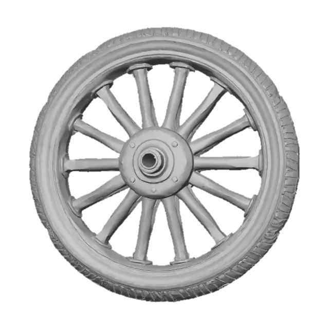 3D model for object: Bone-Spoke Wheel
material: Aged bone spokes, oxidized iron hub lantern, scuffed rubber tire
shape_form: Circular wheel with ribcage-like bone spokes radiating from a lantern-shaped central hub; wrapped in a rugged tire
color_scheme: Bone-white spokes with gray patina, iron-gray hub with amber accents, dark gray-black scuffed tire rubber
texture_details: Porous bone with wear cracks and yellowed stains; iron lantern hub with heat discoloration and oxidation; scuffed, dirty rubber with tread wear; AO baked shadowing between spokes and hub
style: PBR
environment_use_context: Horror vehicle or stylized dark-fantasy racing rig
reference_models:
  - Ribcage cross-sections (for spoke layout)
  - Carriage lanterns or gothic sconces (for hub design)
, #Halloween2025#,