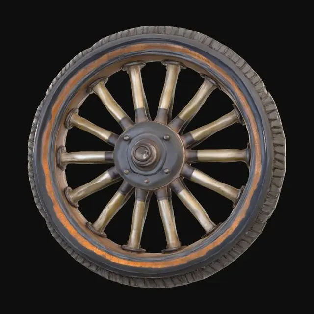 3D model for object: Bone-Spoke Wheel
material: Aged bone spokes, oxidized iron hub lantern, scuffed rubber tire
shape_form: Circular wheel with ribcage-like bone spokes radiating from a lantern-shaped central hub; wrapped in a rugged tire
color_scheme: Bone-white spokes with gray patina, iron-gray hub with amber accents, dark gray-black scuffed tire rubber
texture_details: Porous bone with wear cracks and yellowed stains; iron lantern hub with heat discoloration and oxidation; scuffed, dirty rubber with tread wear; AO baked shadowing between spokes and hub
style: PBR
environment_use_context: Horror vehicle or stylized dark-fantasy racing rig
reference_models:
- Ribcage cross-sections (for spoke layout)
- Carriage lanterns or gothic sconces (for hub design)
, #Halloween2025#,