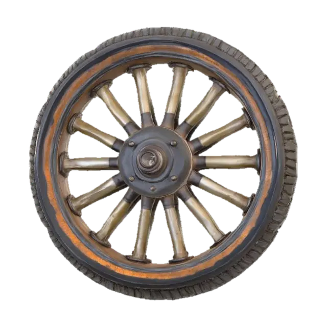 3D model for object: Bone-Spoke Wheel
material: Aged bone spokes, oxidized iron hub lantern, scuffed rubber tire
shape_form: Circular wheel with ribcage-like bone spokes radiating from a lantern-shaped central hub; wrapped in a rugged tire
color_scheme: Bone-white spokes with gray patina, iron-gray hub with amber accents, dark gray-black scuffed tire rubber
texture_details: Porous bone with wear cracks and yellowed stains; iron lantern hub with heat discoloration and oxidation; scuffed, dirty rubber with tread wear; AO baked shadowing between spokes and hub
style: PBR
environment_use_context: Horror vehicle or stylized dark-fantasy racing rig
reference_models:
  - Ribcage cross-sections (for spoke layout)
  - Carriage lanterns or gothic sconces (for hub design)
, #Halloween2025#,