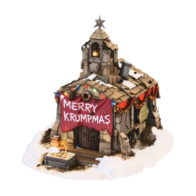 looted Imperial chapel that the Orks have converted into a Krumpmas lodge,… 3D model, vytvořený pomocí AI
