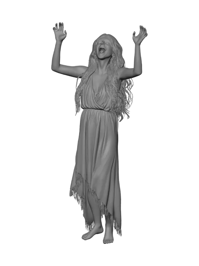 3D model for I want a classic wailing Irish banshee,  slightly crouched, with her arms raised above her head. She should be beautiful and curvy. Her hair should be unkempt and in disarray as if blown by the wind. Her mouth should be open in a scream. Her simple, long thin dress should be tattered and torn.