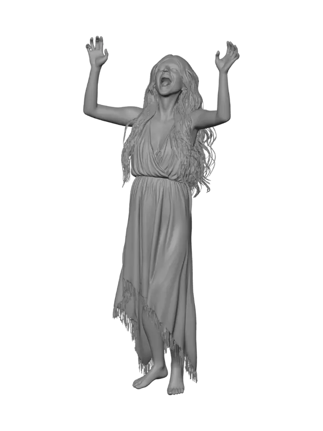 3D model for I want a classic wailing Irish banshee,  slightly crouched, with her arms raised above her head. She should be beautiful and curvy. Her hair should be unkempt and in disarray as if blown by the wind. Her mouth should be open in a scream. Her simple, long thin dress should be tattered and torn.