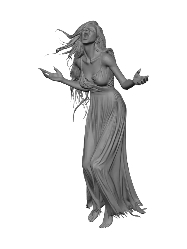 3D model for I want a classic wailing Irish banshee, slightly crouched reaching out with her arms. She should be beautiful and curvy. Her hair should be unkempt and in disarray as if blown by the wind. Her mouth should be open in a scream. Her simple, long thin dress should be tattered, torn, and thin.