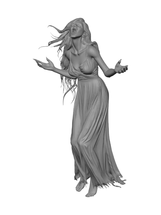 3D model for I want a classic wailing Irish banshee, slightly crouched reaching out with her arms. She should be beautiful and curvy. Her hair should be unkempt and in disarray as if blown by the wind. Her mouth should be open in a scream. Her simple, long thin dress should be tattered, torn, and thin.