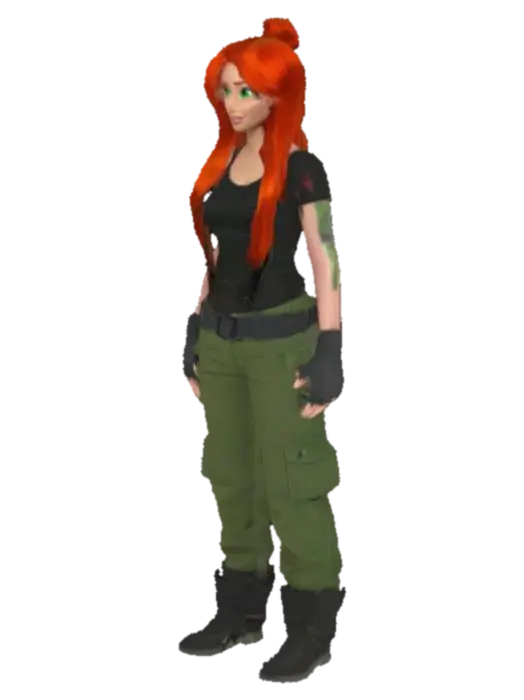 Genera a Kim Possible (Disney) Red Hair, wearing green cargo pants with spy belt for spy… - 2002-3D-modell, genererad av AI