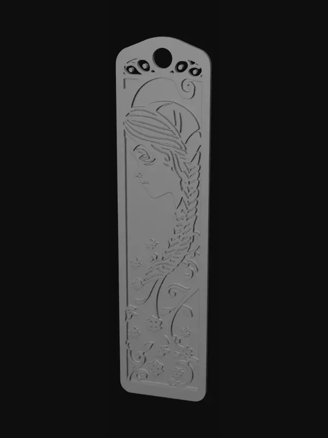3D model for Fantasy elven bookmark for 3D printing, optimized for FDM and STL generation. Thin rectangular bookmark with rounded top and small hanging hole. Intricate cutout design featuring a female elf side profile with long braided hair, delicate pointed ear, surrounded by flowing vines, leaves and tiny flowers. Large crescent moon and scattered stars at the top. Elegant art nouveau inspired lines, clean fantasy aesthetic, smooth curves, low relief details, no sharp overhangs. Easy to print without supports, low material usage, 2 mm thickness, size 150 x 40 mm. Neutral dark studio background, multiple viewing angles, highly detailed but printable geometry