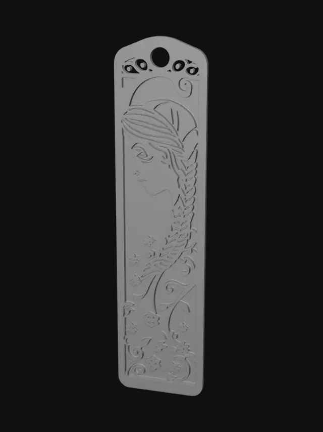3D model for Fantasy elven bookmark for 3D printing, optimized for FDM and STL generation. Thin rectangular bookmark with rounded top and small hanging hole. Intricate cutout design featuring a female elf side profile with long braided hair, delicate pointed ear, surrounded by flowing vines, leaves and tiny flowers. Large crescent moon and scattered stars at the top. Elegant art nouveau inspired lines, clean fantasy aesthetic, smooth curves, low relief details, no sharp overhangs. Easy to print without supports, low material usage, 2 mm thickness, size 150 x 40 mm. Neutral dark studio background, multiple viewing angles, highly detailed but printable geometry