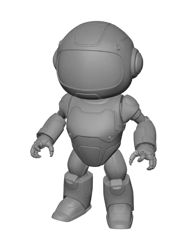 3D model for "A 3D model of a cute, simple, and minimalist humanoid robot mascot. Toy-like design with smooth surfaces, thick and sturdy proportions suitable for 3D printing. White and blue color palette. Round head with a dark screen face and glowing blue eyes. The text 'ROBOPRO' is written in uppercase blue letters across the chest. The robot is standing in a symmetrical A-pose with empty hands. No complex mechanical joints, no floating parts, solid volumetric mesh, clean geometry.