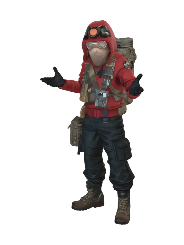 3D model for Create a single game-ready 3D voxel doomsday survivor character inspired by the two reference characters combined. Front-facing Minecraft/Trove style character in a perfect A-pose, centered and symmetrical. Red worn hoodie under a tactical survival vest, long dusty explorer coat, scarf, goggles on the head, black cargo shorts, white leg wraps, and heavy boots. Large overloaded backpack with food, medicine, batteries, radio, map case, binoculars, solar panel, rope, flashlight, crowbar, and survival tools. Dirty scratched post-apocalyptic textures. Generate a true 3D model with separated limbs, clean topology, no overlapping meshes, medium poly, animation-friendly proportions, optimized for Meshy auto-rigging and game use. No background or shadows.