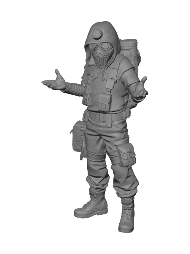 3D model for Create a single game-ready 3D voxel doomsday survivor character inspired by the two reference characters combined. Front-facing Minecraft/Trove style character in a perfect A-pose, centered and symmetrical. Red worn hoodie under a tactical survival vest, long dusty explorer coat, scarf, goggles on the head, black cargo shorts, white leg wraps, and heavy boots. Large overloaded backpack with food, medicine, batteries, radio, map case, binoculars, solar panel, rope, flashlight, crowbar, and survival tools. Dirty scratched post-apocalyptic textures. Generate a true 3D model with separated limbs, clean topology, no overlapping meshes, medium poly, animation-friendly proportions, optimized for Meshy auto-rigging and game use. No background or shadows.