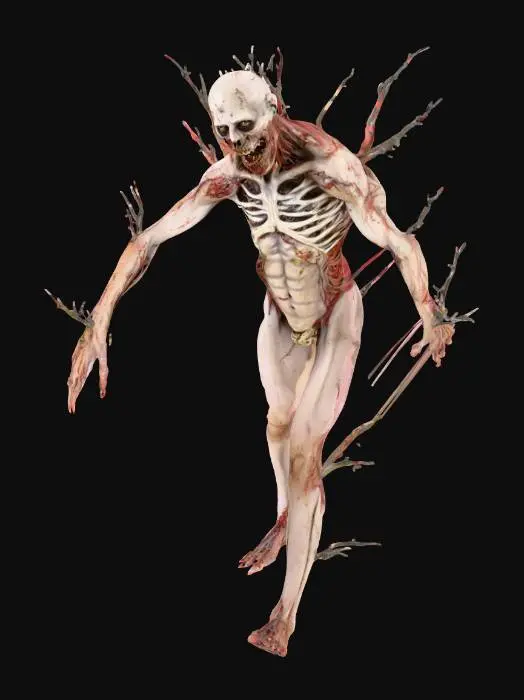 3D model for create a very fresh zombie, hyperrealistic detail, with branches coming out of its arms as if it's being controlled by a tree, bones and tendons, smooth skin, rotting flesh, unhinged jawline, A-pose